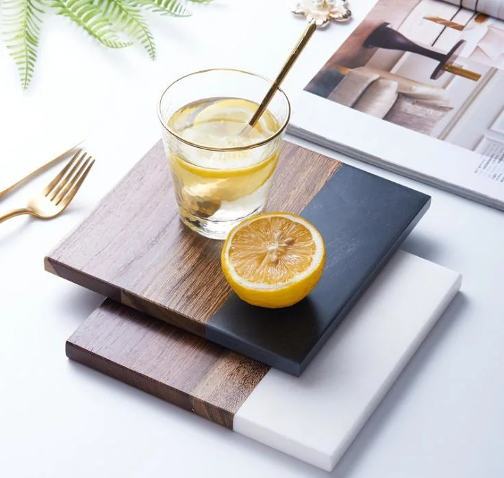 China Factory Price Square Wood and White/Black Marble Coaster Marble Tray Marble Crafts for Home/Cafe/Hotel